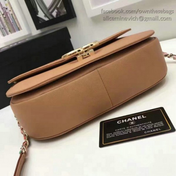Ch**el grained calfskin flap bag with top handle khaki