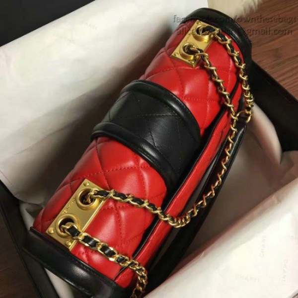 Ch**el quilted lambskin gold-tone metal flap bag red and black