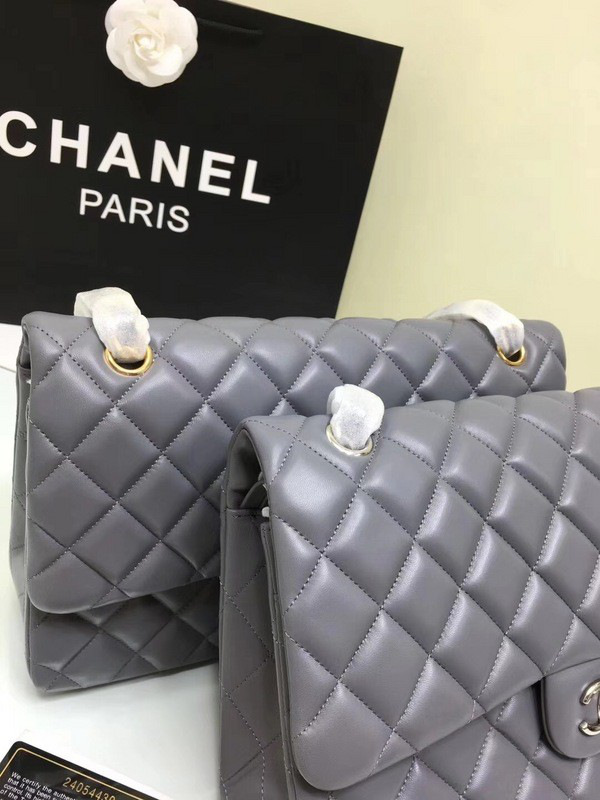 Ch**el classic flap bag grey lambskin leather sliver&gold chain 30cm
