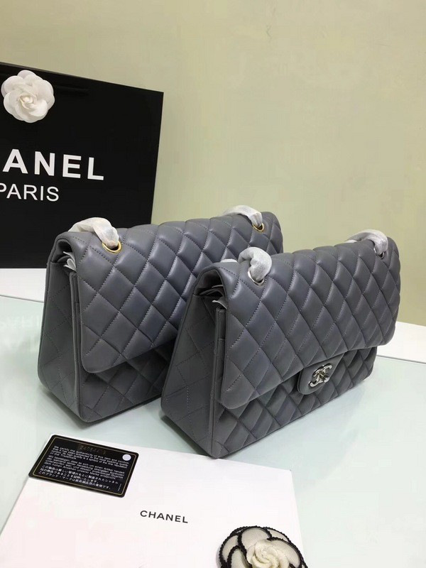 Ch**el classic flap bag grey lambskin leather sliver&gold chain 30cm