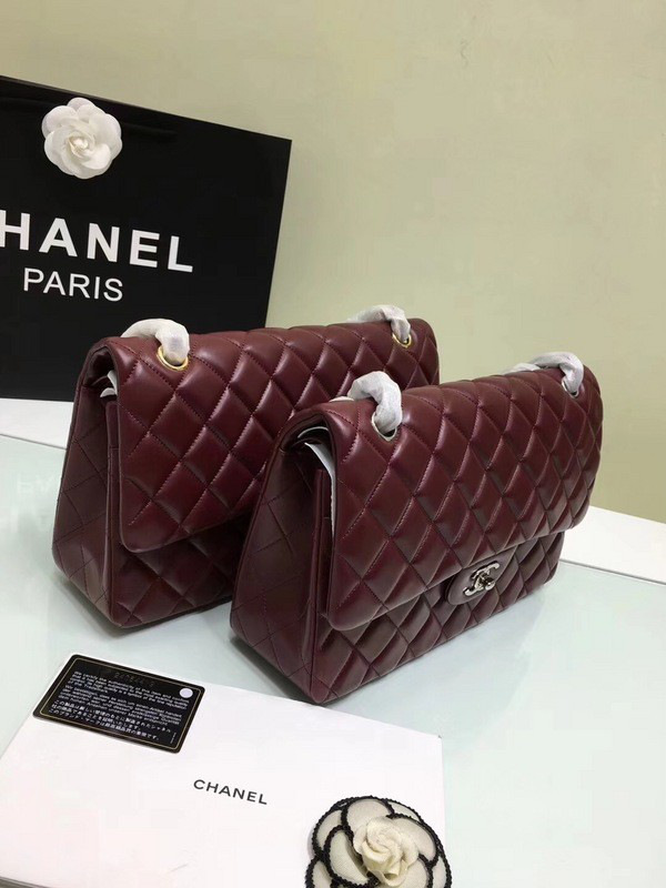 Ch**el classic flap bag wine red lambskin leather sliver&gold chain 30cm