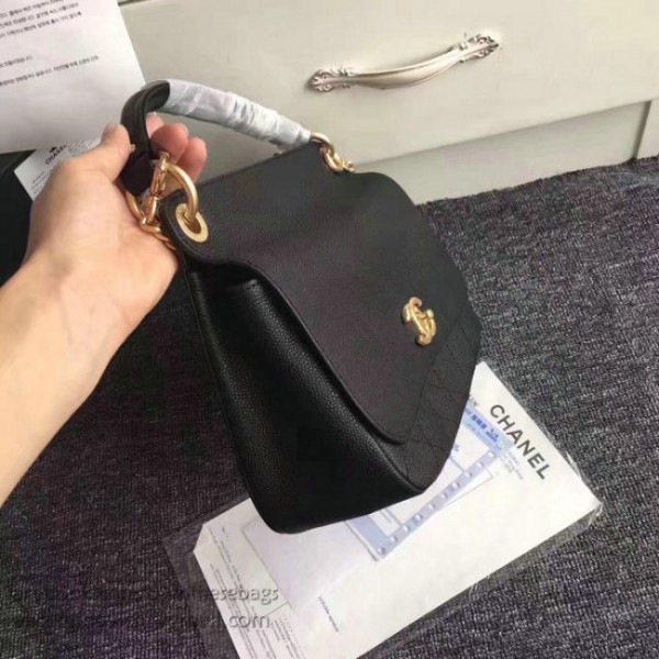 Ch**el grained calfskin large top handle flap bag black