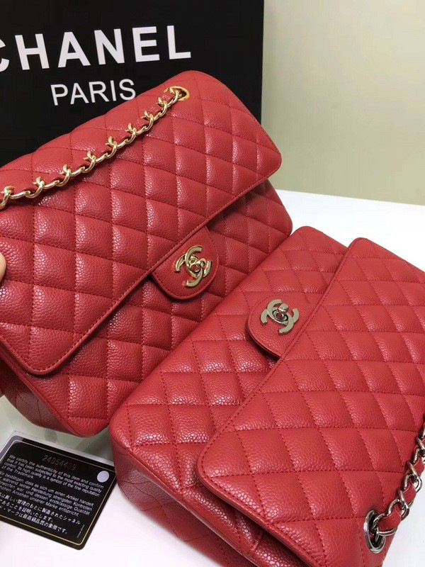 Ch**el classic flap bag red caviar leather sliver&gold chain 25cm