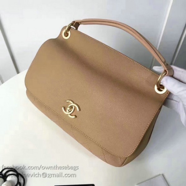 Ch**el grained calfskin large top handle flap bag beige