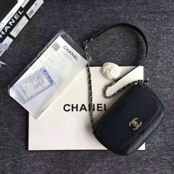 Ch**el grained calfskin caviar stitched shoulder bag blue a92949