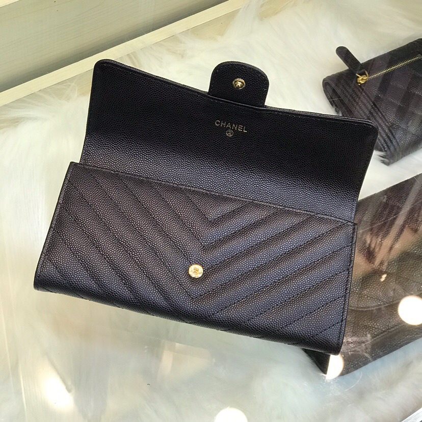 Ch**el classic cf long lychee purse v black 10.5*19.*3cm