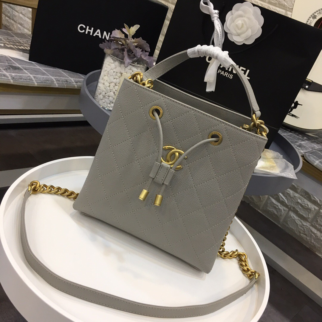 Ch**el latest drawstring bucket bag grey 20x20x12cm