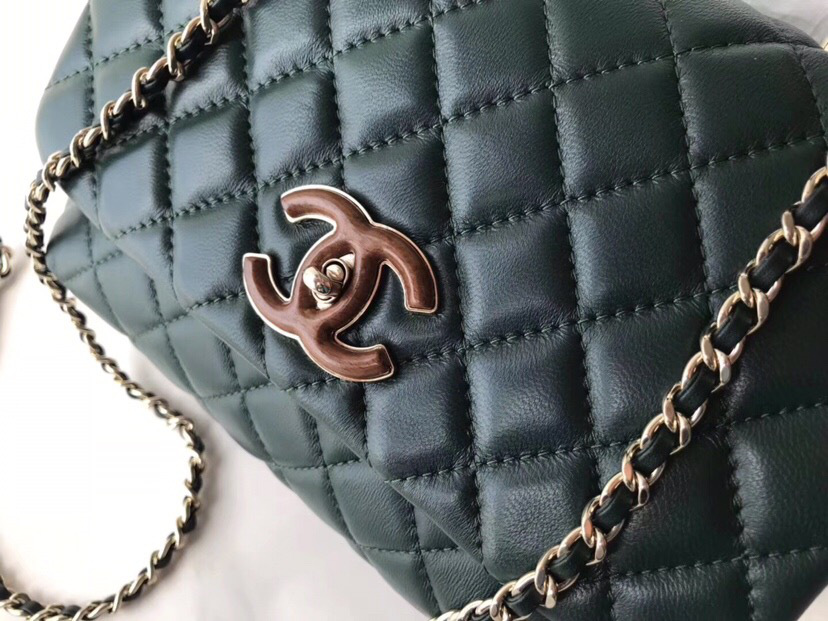 Ch**el flap bag with top handle dark green 21cm