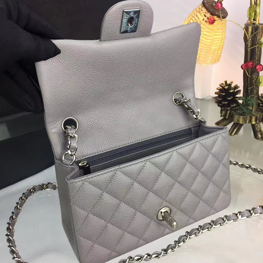 Ch**el classic flap bag grey caviar leather sliver&gold chain gray 20cm