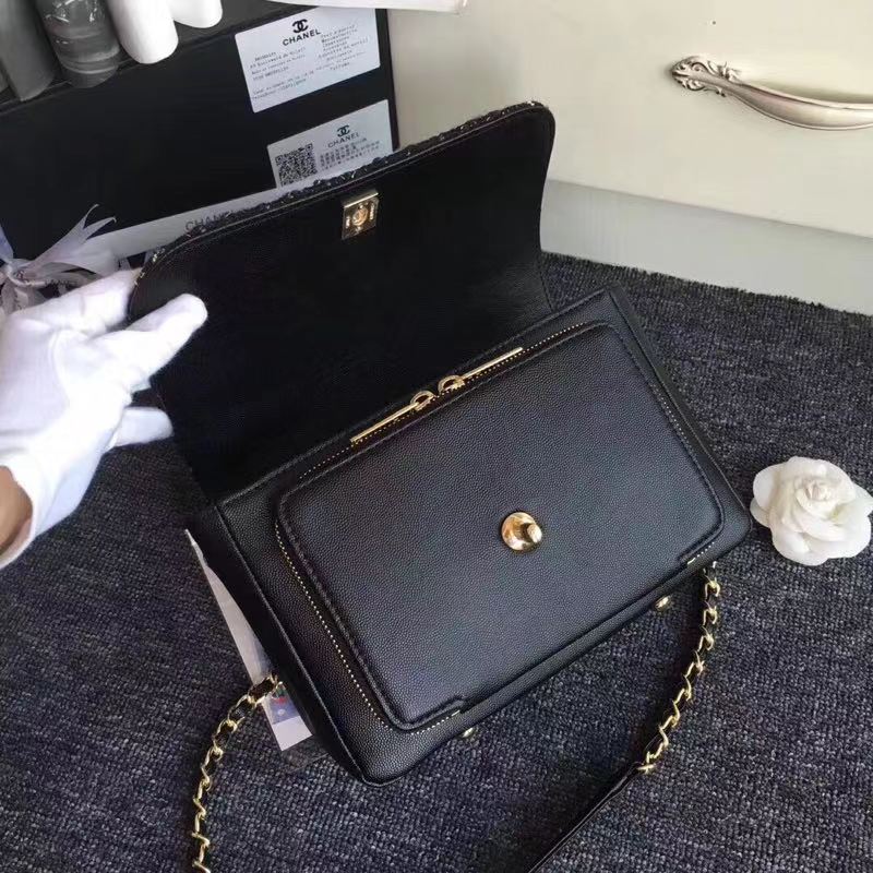 Ch**el leather flap bag black length gold 23 x 16 x 8cm