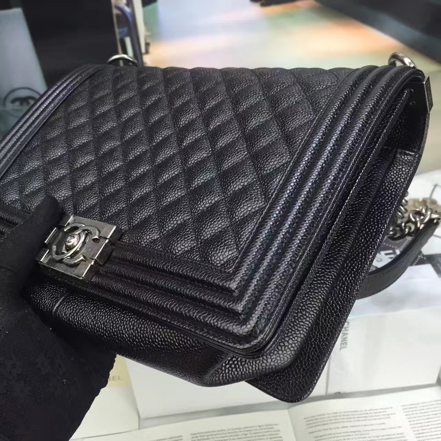 Ch**el new medium boy caviar handbag silver 28cm