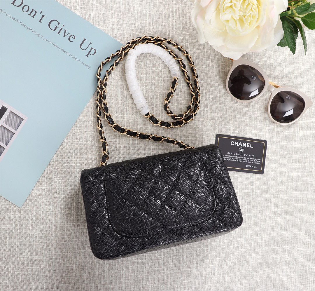 Ch**el flap bag caviar lambskin leather black gold chain 20cm