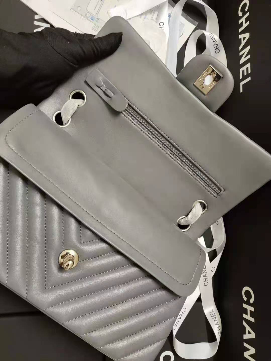 Ch**el lambskin chevron quilted 30cm flap bag grey with sliver hardware