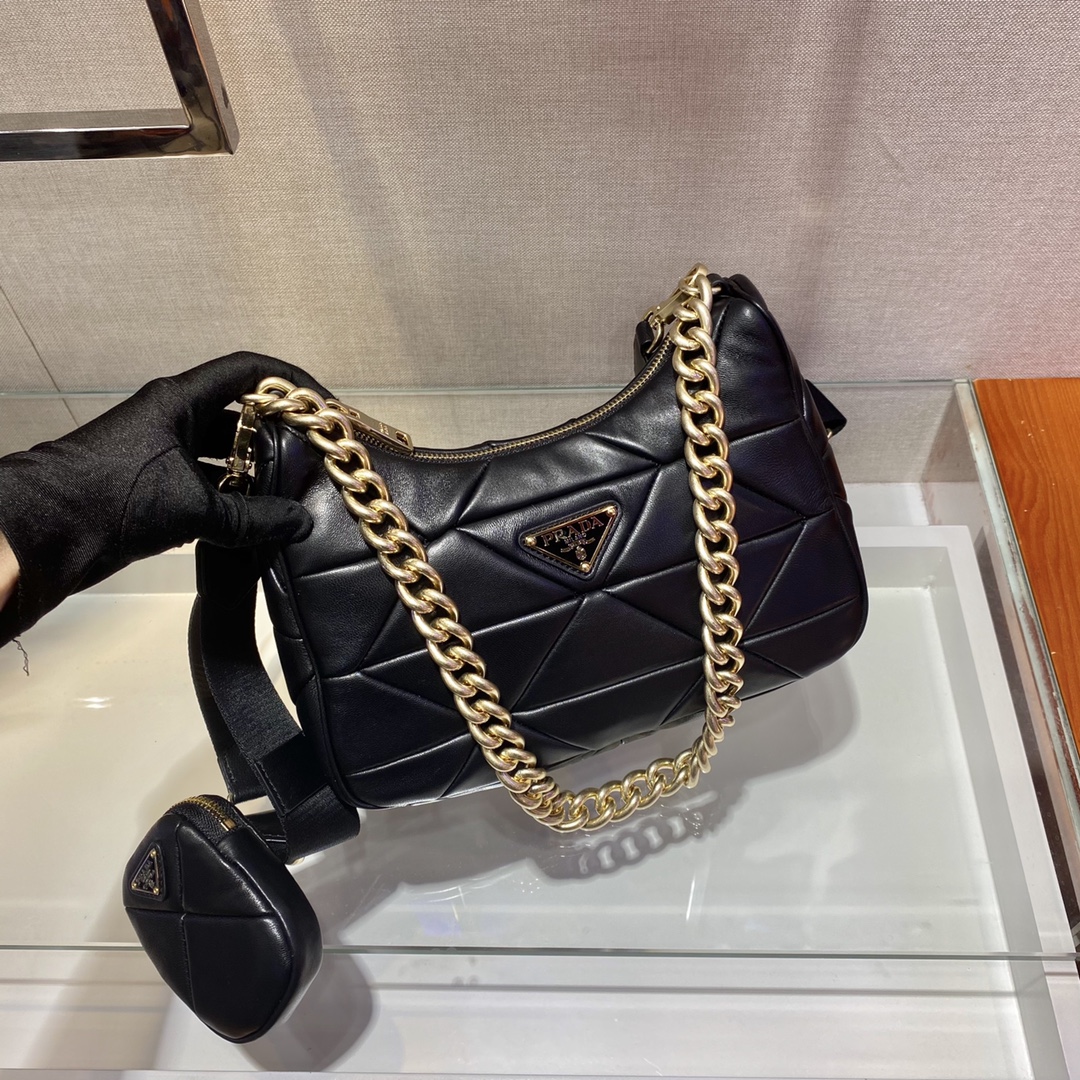 Pra*a system nappa leather patchwork shoulder bag black 1bc157 24 x 18.5 x 9 cm