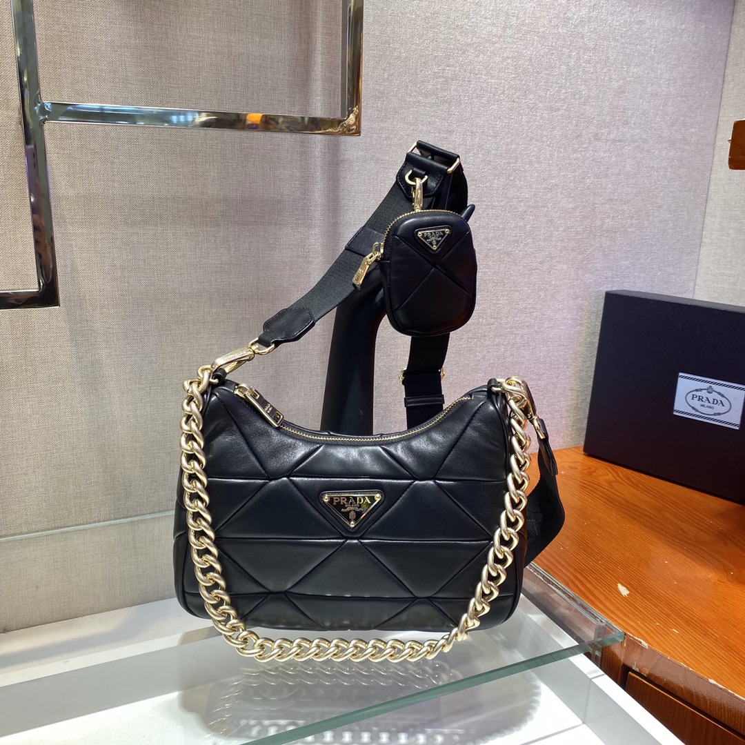 Pra*a system nappa leather patchwork shoulder bag black 1bc157 24 x 18.5 x 9 cm