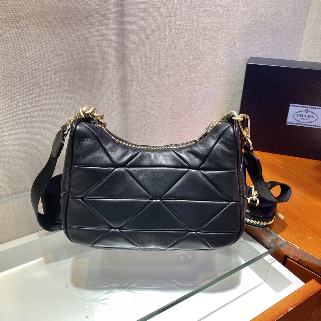 Pra*a system nappa leather patchwork shoulder bag black 1bc157 24 x 18.5 x 9 cm