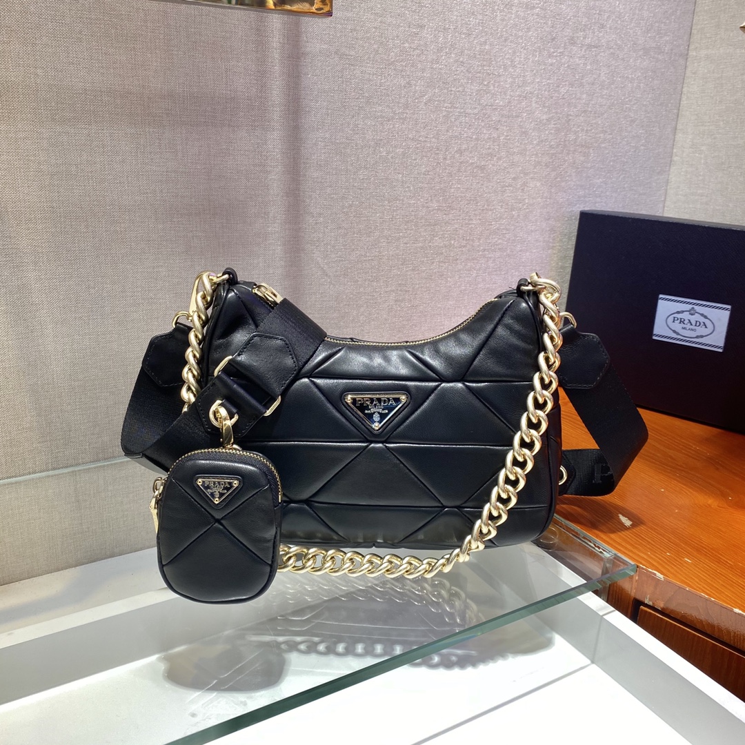 Pra*a system nappa leather patchwork shoulder bag black 1bc157 24 x 18.5 x 9 cm