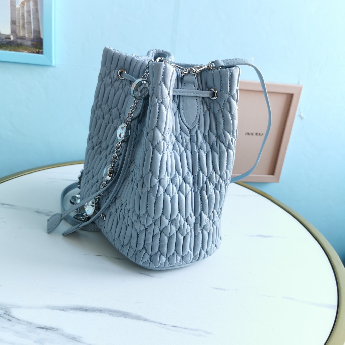 M1um1u crystal cloquÉ nappa leather bucket bag navy 5be050 20 x 12 x 21 cm