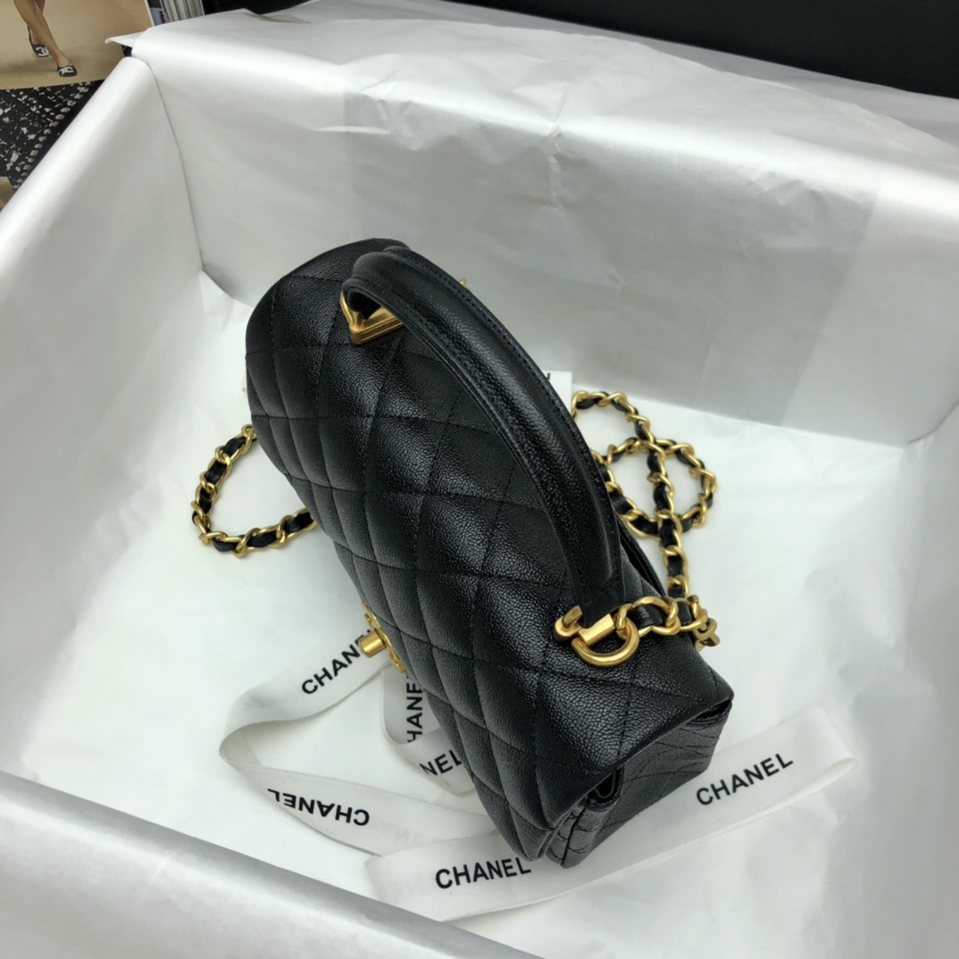 Ch**el mini flap bag with top handle grained calfskin & gold-tone metal black as2431 20 x 14 x 7 cm