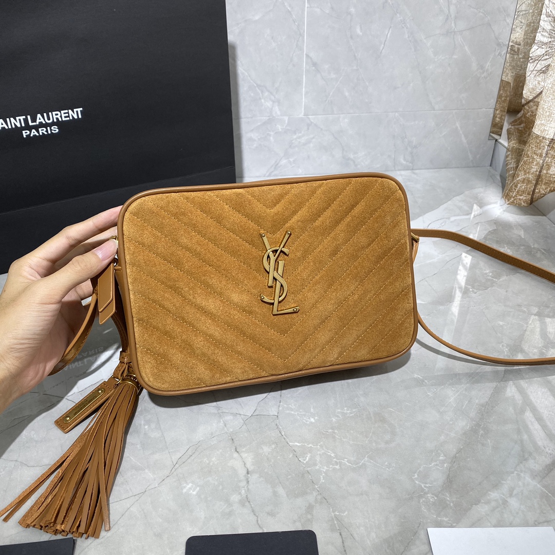 Y51 lou medium -logo quilted-suede crossbody bag brown 520534 23 x 16 x 6 cm