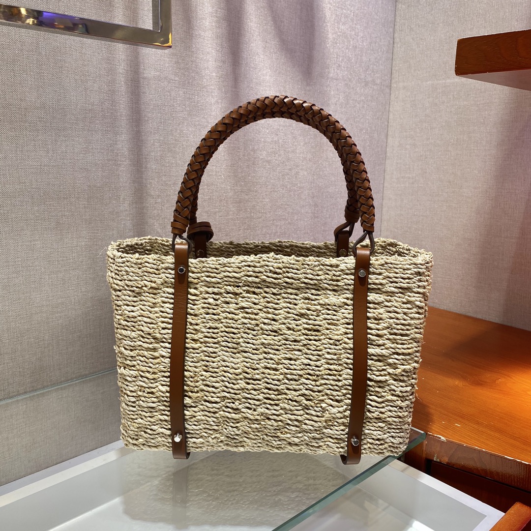Pra*a women corn husk and leather tote beige 1bg336 26 x 18 x ​​13.5 cm