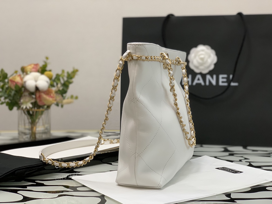 Ch**el small shopping bag calfskin & gold-tone metal white as2374 24 x 31 x 7 cm