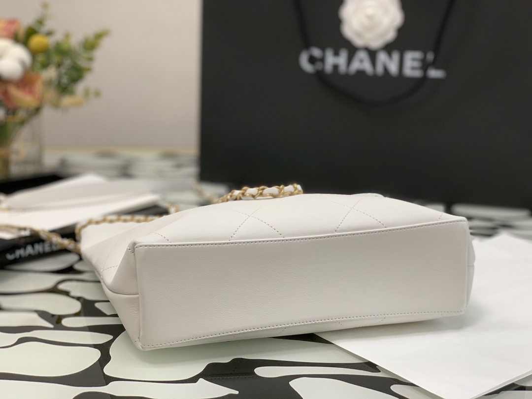 Ch**el small shopping bag calfskin & gold-tone metal white as2374 24 x 31 x 7 cm