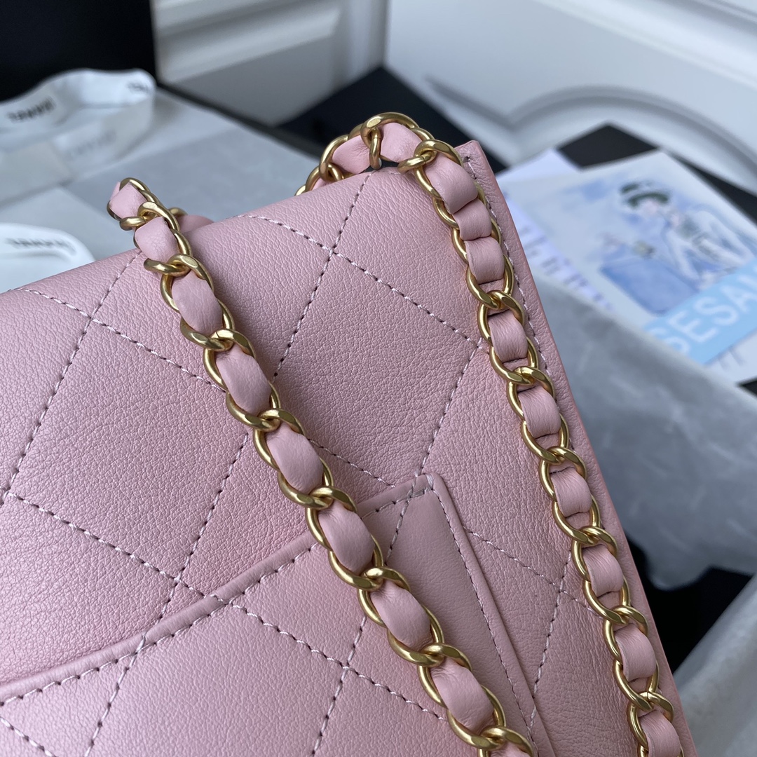 Ch**el small hobo bag calfskin & gold-tone metal pink as2542 19 x 23 x 7 cm