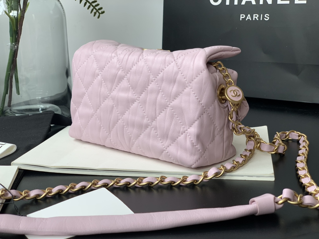 Ch**el small hobo bag crumpled lambskin & gold-tone metal pink as2479 13 x 19 x 7 cm