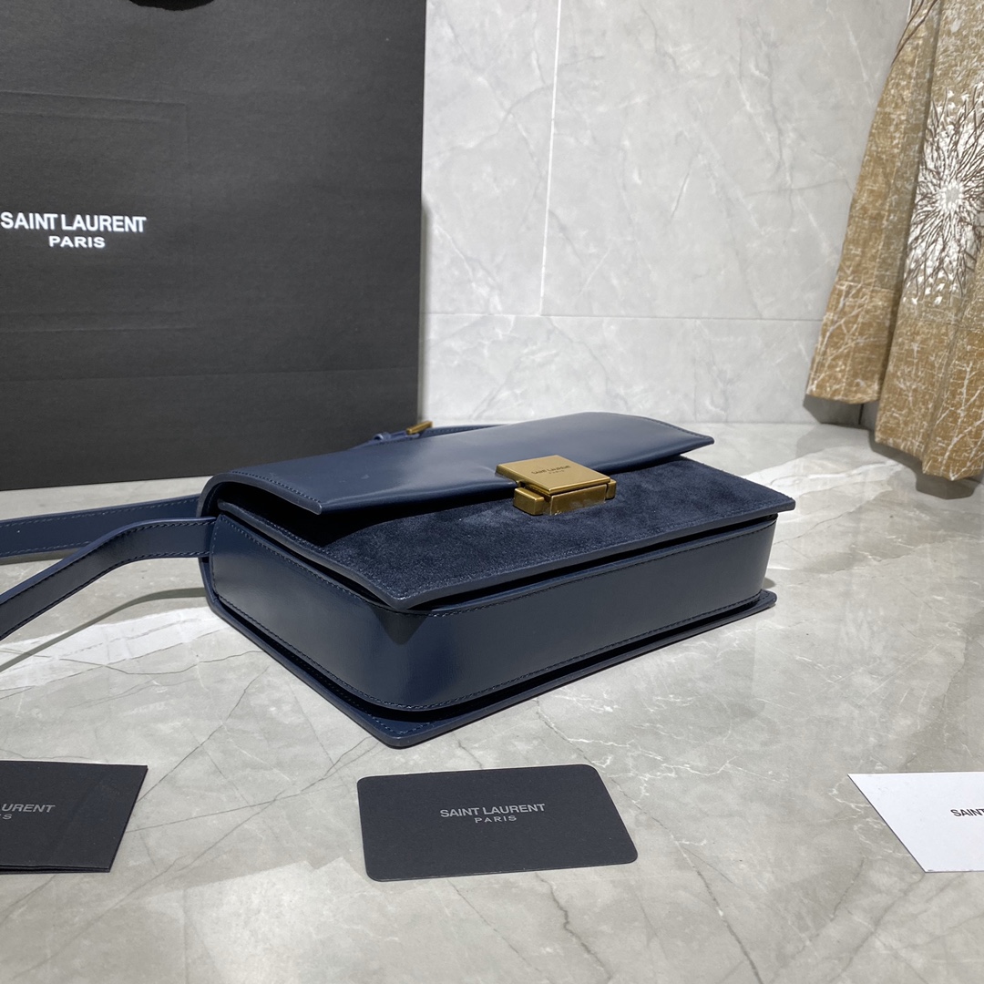 y51 medium bellechasse in leather and suede blue and G01den 482044 24 x 16 x 7 cm