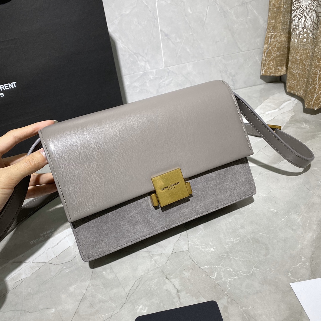 y51 medium bellechasse in leather and suede grey and G01den 482044 24 x 16 x 7 cm