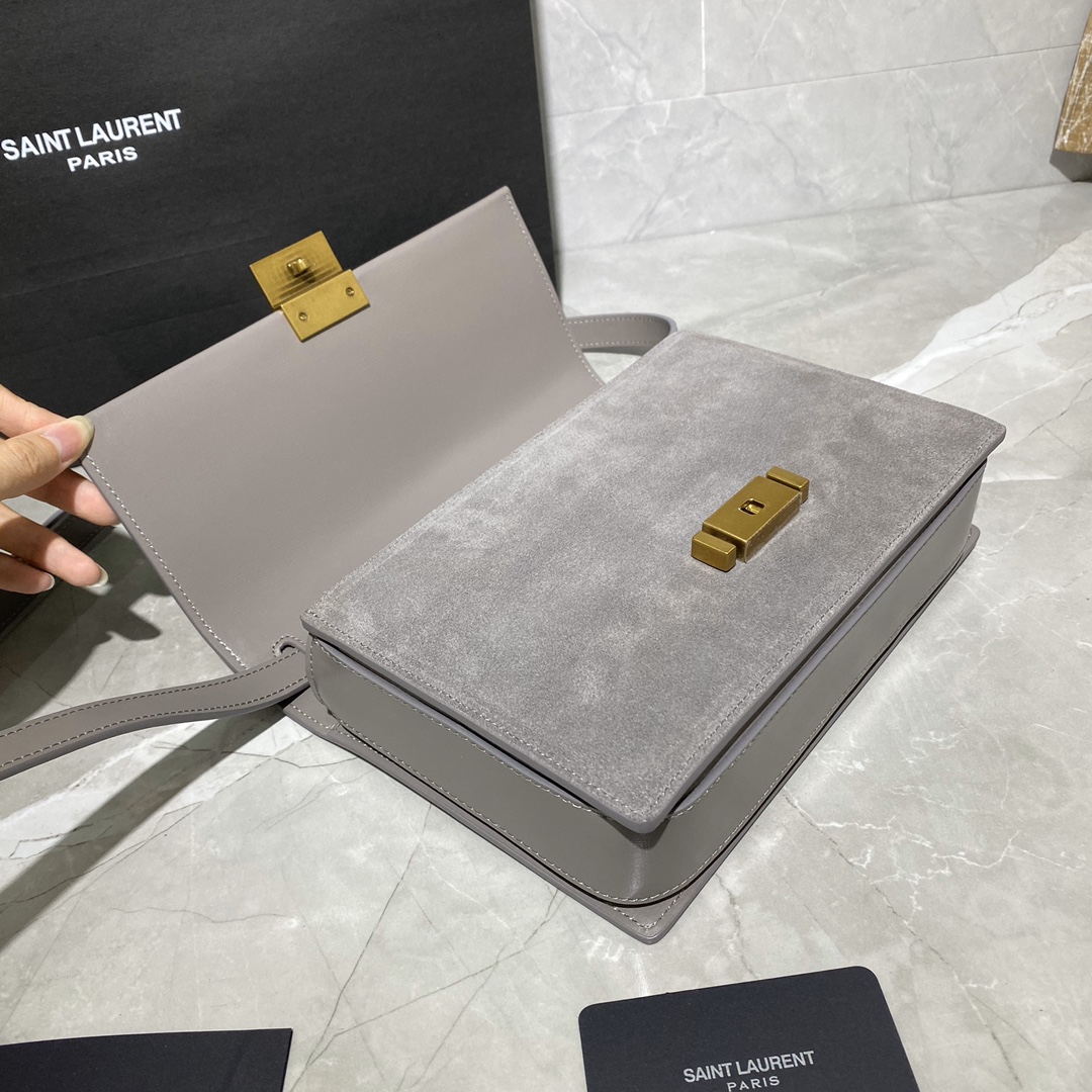 y51 medium bellechasse in leather and suede grey and G01den 482044 24 x 16 x 7 cm