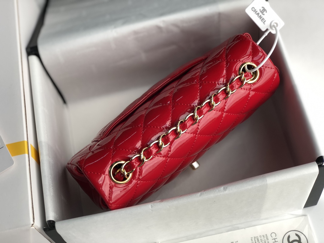 ch**el cf mini patent calfskin & G01den metal red bag 20cm