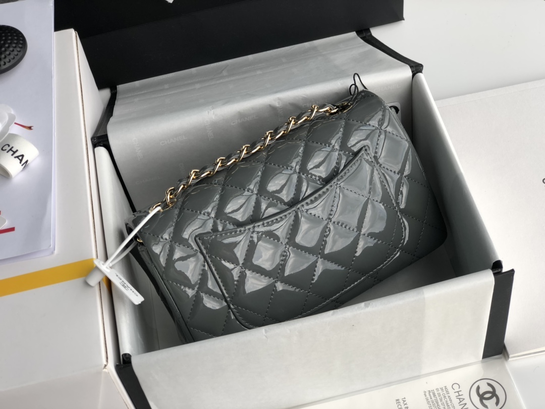 ch**el cf mini patent calfskin & G01den metal grey bag 20cm