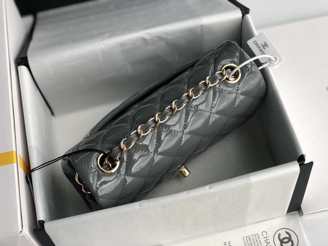 ch**el cf mini patent calfskin & G01den metal grey bag 20cm