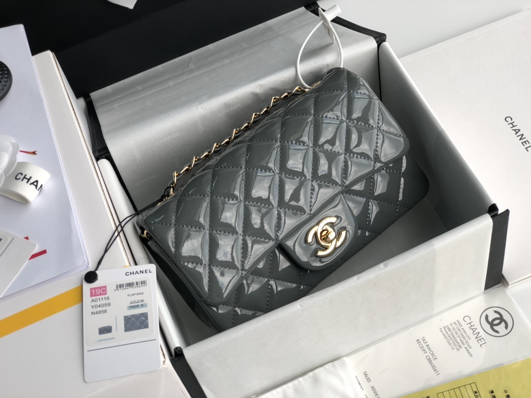 ch**el cf mini patent calfskin & G01den metal grey bag 20cm