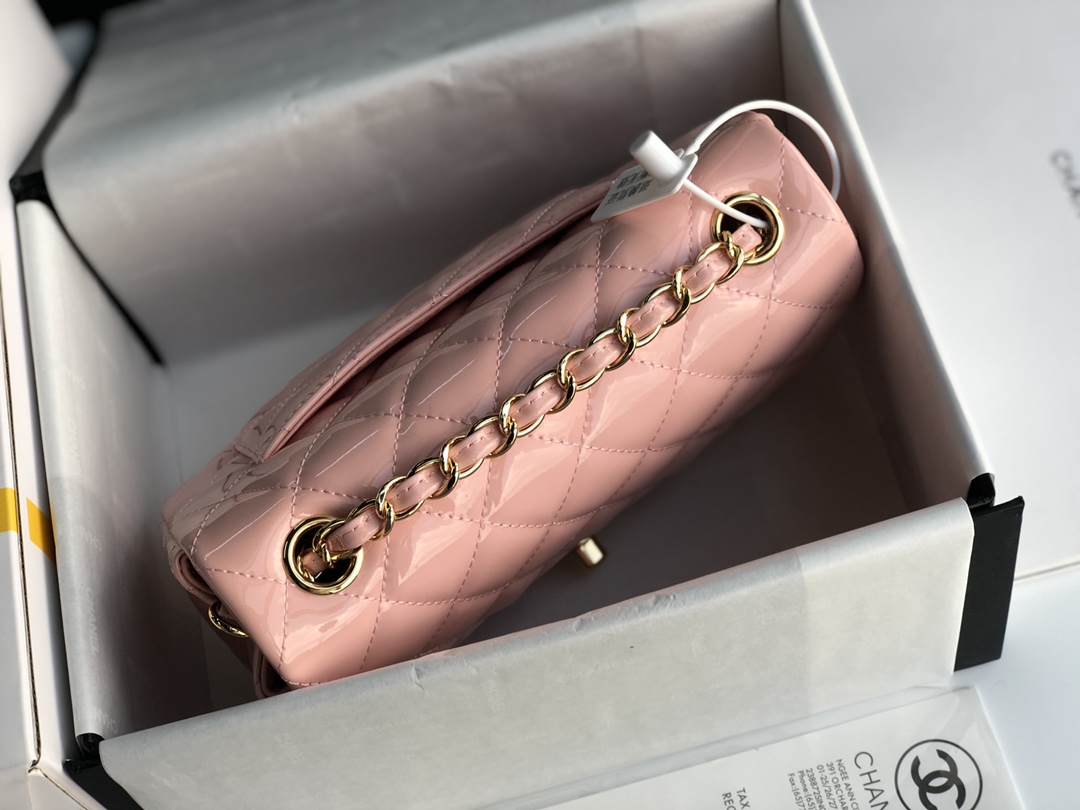 ch**el cf mini patent calfskin & G01den metal pink rose bag 20cm
