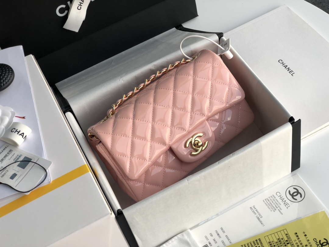 ch**el cf mini patent calfskin & G01den metal pink rose bag 20cm