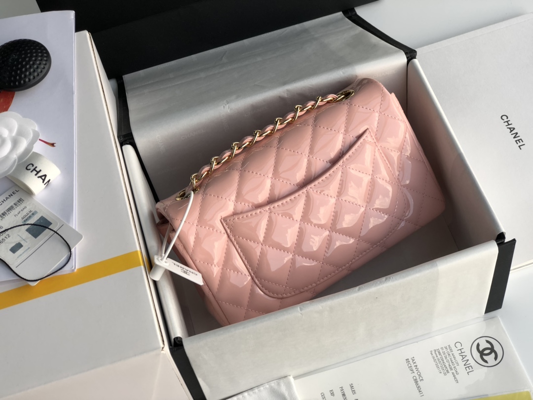 ch**el cf mini patent calfskin & G01den metal pink rose bag 20cm
