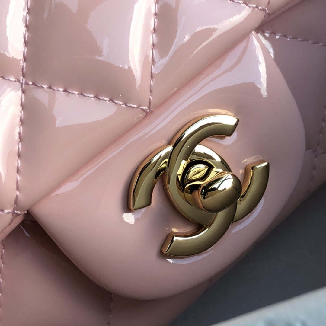 ch**el cf mini patent calfskin & G01den metal pink rose bag 20cm