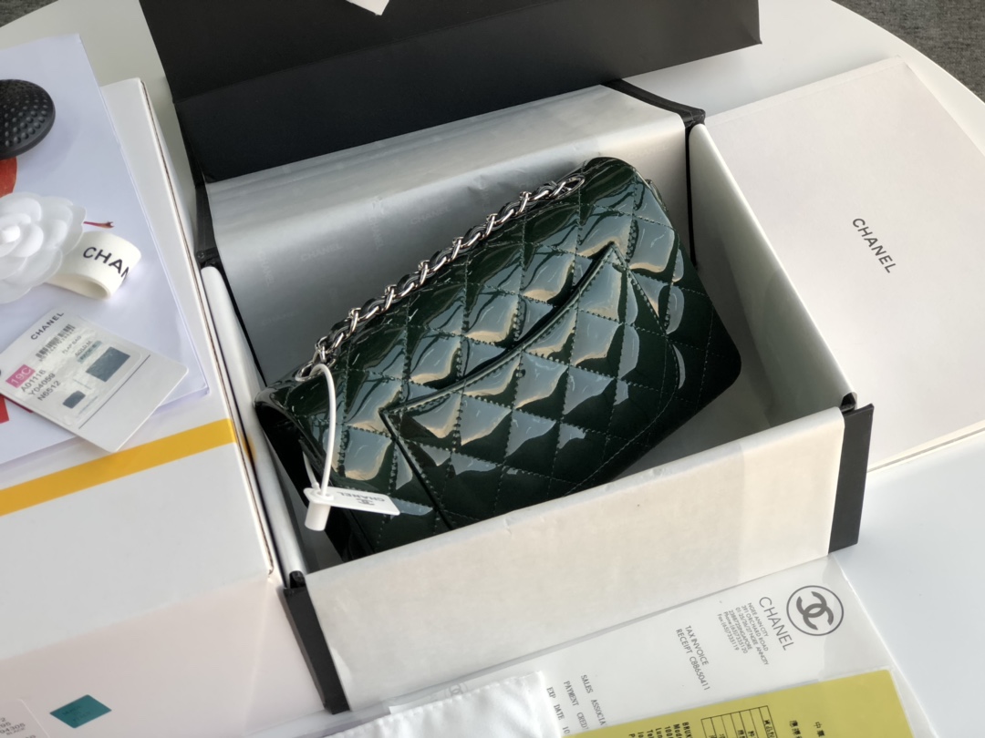 Ch**el cf mini patent calfskin & silver metal forest bag 20cm
