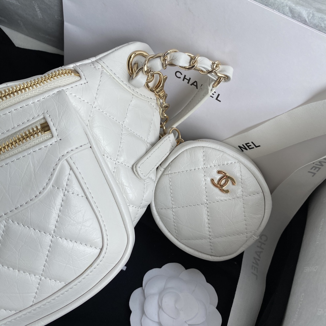 Ch**el aged calfskin waist bag & coin purses white as1077 34 x 15 x 6 cm