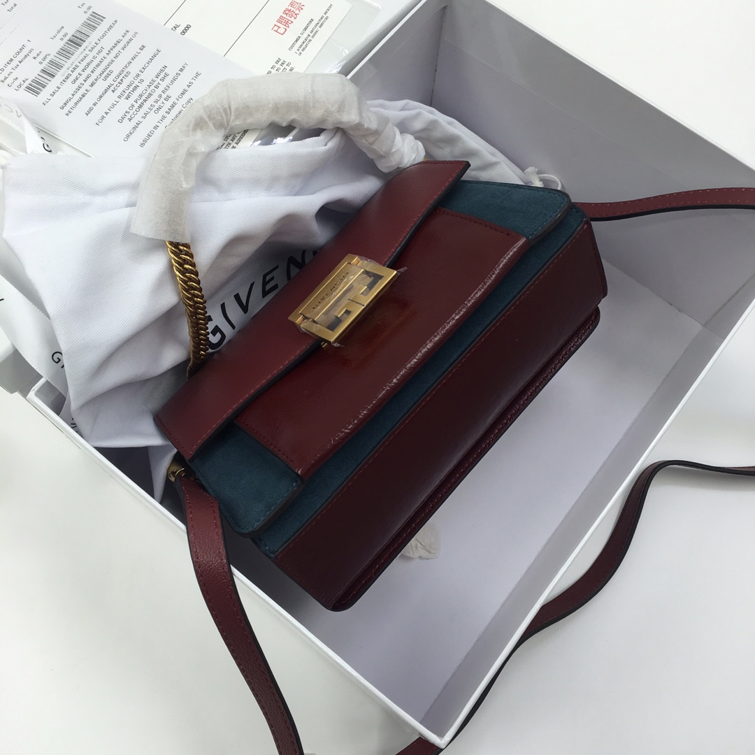 G1uenchy small gv3 bag in leather and suede burgundy and navy bb501cb 22 x 14 x 8 cm