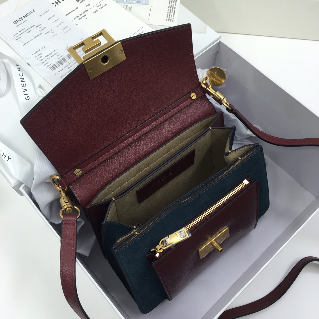 G1uenchy small gv3 bag in leather and suede burgundy and navy bb501cb 22 x 14 x 8 cm