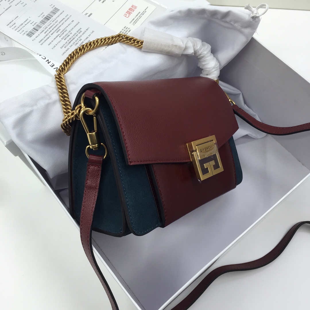 G1uenchy small gv3 bag in leather and suede burgundy and navy bb501cb 22 x 14 x 8 cm
