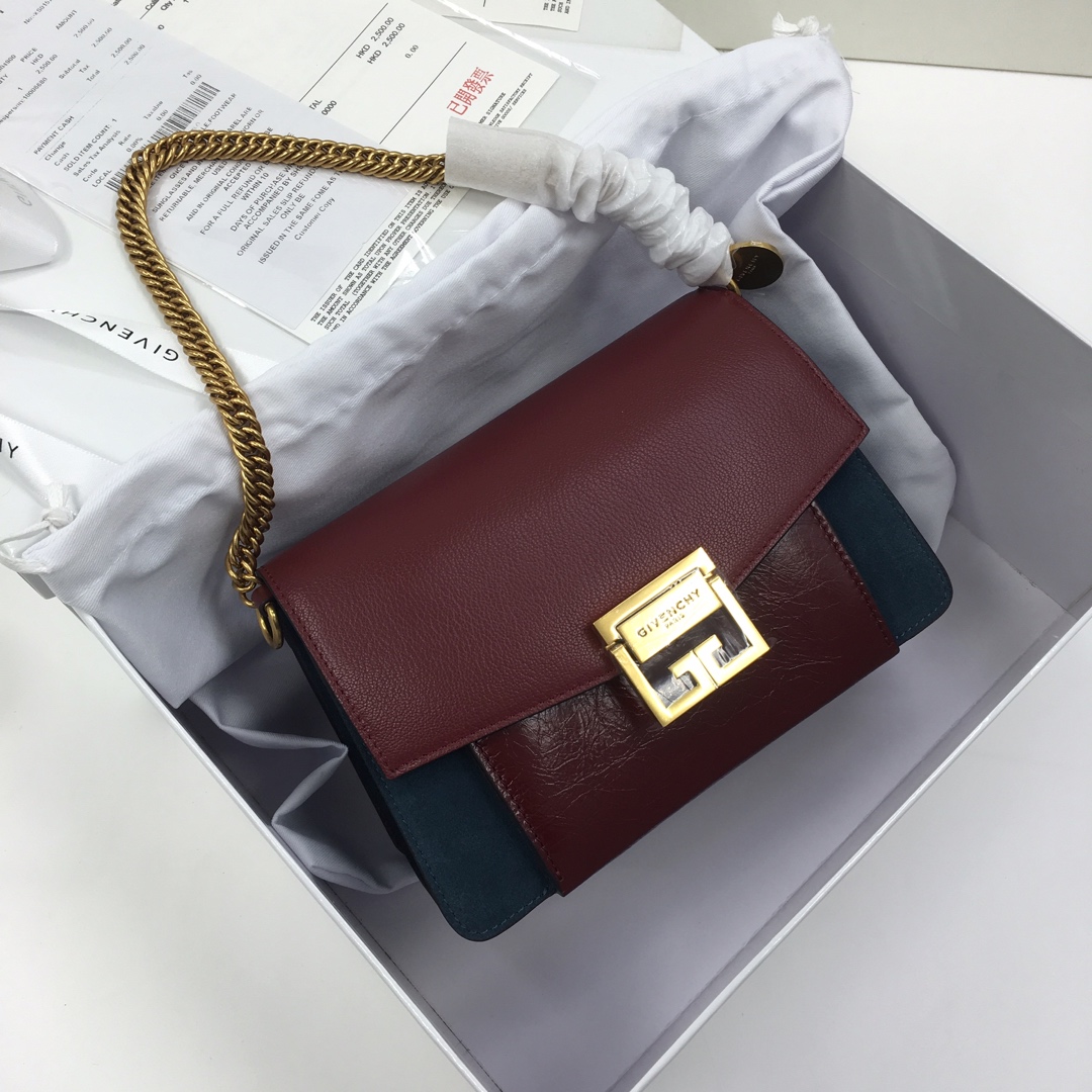 G1uenchy small gv3 bag in leather and suede burgundy and navy bb501cb 22 x 14 x 8 cm