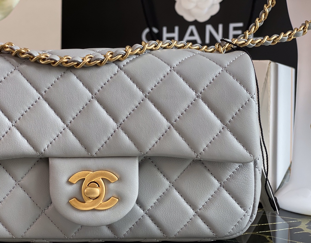 Ch**el charm strap flap bag lambskin grey as1787 17 x 20 cm