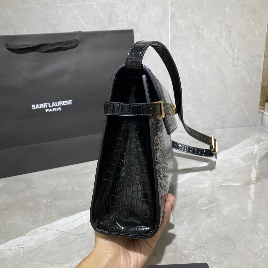 Y51 manhattan shoulder bag in crocodile-embossed shiny leather black 579271 29 x 20.5 x 7 cm