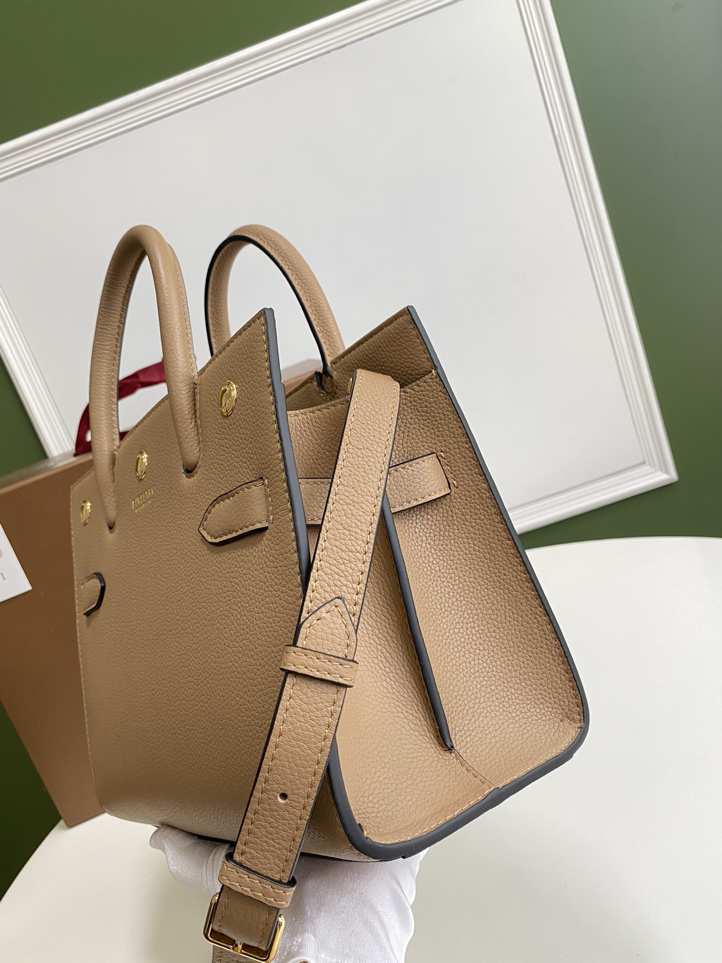Bv*b*rry mini leather two-handle title bag light beige 80254721 26 x 13.5 x 20 cm