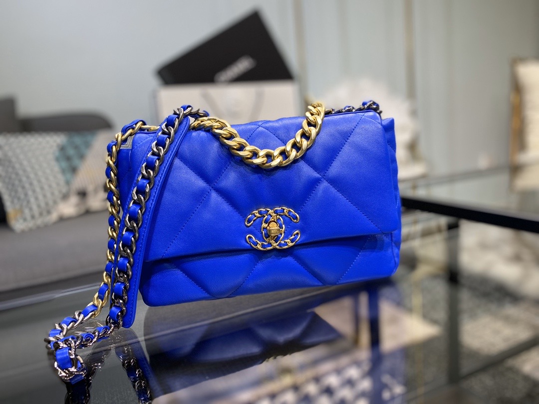 Ch**el 19 handbag lambskin neon blue as1160 26cm